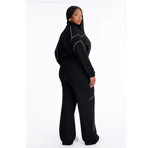 <b>Women</b> Black Cropped Tracksuit Jacket With White Piping Stand Collar Zipper Front Loose Fit Full Sleeve Autumn Sporty Style - Product Image 3