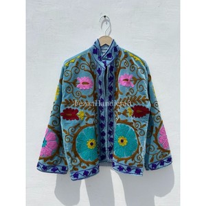 Sky Blue Velvet Suzani <b>Jacket</b> Floral Embroidery <b>Short</b> Unisex <b>Jacket</b> With Inside Cotton Lining Women's Casual Suzani <b>Jacket</b> - Product Image 5
