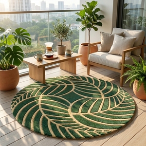 Alfombra Redonda con Patrón de Hojas Verdes, Estilo Bohemio, de Lana y Acrílico, de Pelo Alto, con Base Antideslizante de Goma, para Decoración de Dormitorio - Product Image 6