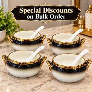 Juego de Tazones de Porcelana con Degradado Blanco y Negro, Duraderos, con Asas Doradas, para Decoración de Fiestas, Sopa, Aperitivos, Postres, con Cucharas - Product Image 3