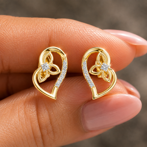 Boucles d'oreilles en diamant de laboratoire taille ronde, or jaune 14K 18K, DEF VVS, motif floral cœur, clous personnalisés, cadeau d'anniversaire, vente en gros - Product Image 1