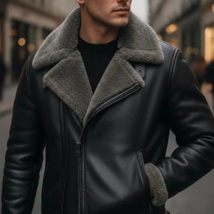 Veste en cuir aviateur B3 en peau de mouton véritable noire et grise pour homme, manteau d'hiver - Product Image 3