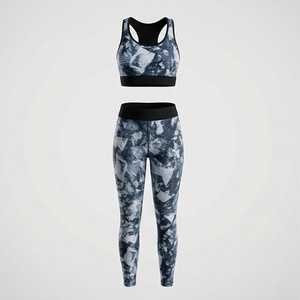 Conjunto de yoga de 2 piezas para mujer, top corto con espalda cruzada, leggings de cintura alta y largo completo, estampado de mármol azul - Product Image 1