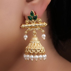 Antique Gold Plated Brass Bohemia Fashionable JHUMKA Dangle Drop <b>Earring</b> Bezel Set Artificial <b>Green</b> Stone Women's Jewelry Gift - Product Image 3