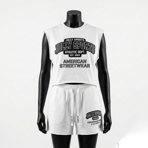 Ensemble t-shirt et short sans manches en coton premium 300 GSM pour femme, blanc, streetwear, impression personnalisée du logo, ensembles pour femmes - Product Image 1