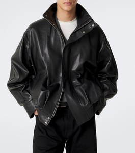 Blouson Bomber en Cuir PU Noir pour Homme, Col Montant, Fermeture Éclair, Style Moto Biker, Coupe Classique, Couleur Unie, Vêtement d'Automne - Product Image 3
