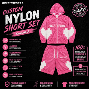 REXFIT SPORTS 2026 Ensemble survêtement rose personnalisé en nylon avec capuche et short pour homme – Fabricant de vêtements de sport streetwear en marque blanche - Product Image 1