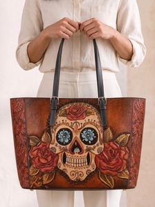 Sac fourre-tout d'été bohème en cuir véritable à imprimé rose et crâne, grande capacité, avec deux sangles, bandoulière, pour femme, pour le quotidien et les voyages, avec boucle - Product Image 4