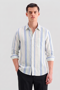 Camisas Casuales de Verano para Hombre Enovate, Diseño Poppy a Rayas, Lino/Algodón, Manga Larga, Doble Botonadura, Transpirables, ODM - Product Image 2