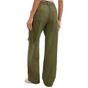 Pantalon cargo taille haute pour femme, vert olive, coupe ample, longueur intégrale, taille élastique, pantalon utilitaire décontracté avec poches - Product Image 2
