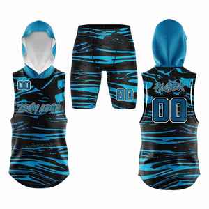 ชุดเสื้อเจอร์ซีย์ 7V7 แบบมีฮู้ด แขนกุด สีน้ำเงินดำลายทาง ระบายเหงื่อได้ดี สำหรับผู้ใหญ่ แบบสวมพอดีตัว สั่งทำพิเศษได้ - Product Image 1
