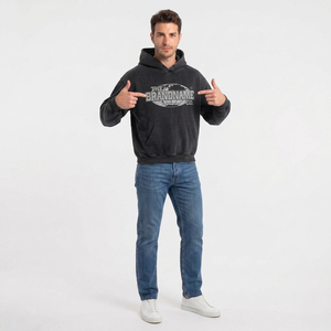 Men's <b>Oversized</b> Black Hooded <b>Sweatshirt</b> Cotton Fleece Distressed Embroidery <b>Vintage</b> Hoodie Front Pocket Casual Boxy Hoodie - Product Image 4
