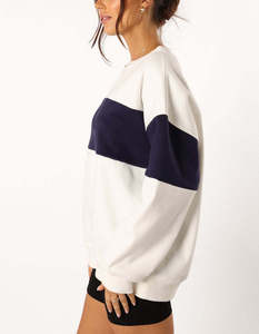 OEM Custom <b>Womens</b> Oversized Color Block Sweatshirt Cream <b>Navy</b> Heavyweight <b>Fleece</b> Crewneck Pullover - Product Image 4