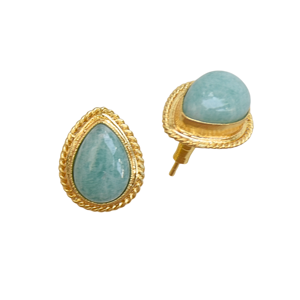 Boucles d'oreilles clous unisexes en laiton plaqué or 18 carats, forme goutte d'eau, serties d'Amazonite classique, sur mesure, pour anniversaire - Product Image 3