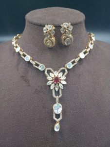 Amaira Jewels <b>Silver</b> Gold Plated <b>Necklace</b> Earring <b>Set</b> Polki Stone Floral Design Women Wedding Jewelry Classic Style Rajasthan - Product Image 3