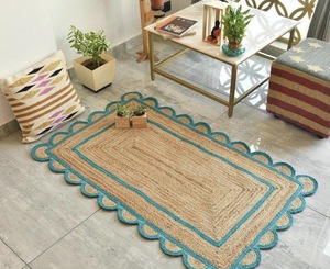 Scalloped Edge Handmade Jute Area <b>Rug</b> Multi Color Borders Eco-Friendly Low Pile <b>Boho</b> Farmhouse Carpet Medium Thickness Spot - Product Image 3