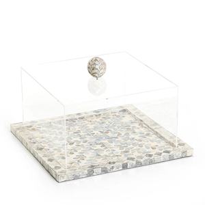 Support à gâteau en nacre best-seller, plateau carré gris incrusté de coquillages avec dôme transparent pour des réceptions de thé de luxe - Product Image 4