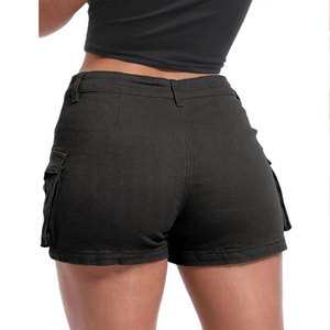 Shorts en jean cargo taille haute noirs pour femme, couleur unie, poches cargo, style décontracté d'été, coupe régulière, 100 % coton - Product Image 3
