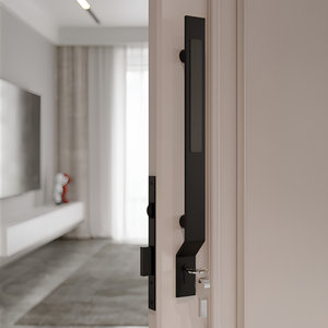 Ensemble de poignées de porte d'entrée modernes en acier inoxydable avec serrure, corps de serrure à rouleau, cylindre à clé, finition noir mat, PVD or AB mat - Product Image 1