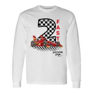 T-shirt blanc à manches longues pour garçon de 2 ans, Two Fast 2Nd Birthday Boy Racing Car - Product Image 1