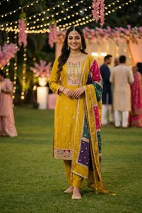 Nuevo diseño de moda, tela de seda chinon pesada, estilo de cuello redondo, corte recto, borde de alta calidad, salwar kameez para colecciones de boutique. - Product Image 2