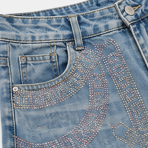 Jean en denim de coton taille haute à jambe large pour femme, orné de strass, crânes et roses, style vintage délavé, pantalon streetwear décontracté - Product Image 4