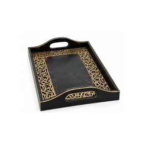 Bandeja Rectangular de Madera Multifuncional con Diseño Floral Tallado en Oro, Acabado Pulido, Estilo Moderno y Lujoso, Apta para Lavavajillas - Product Image 1