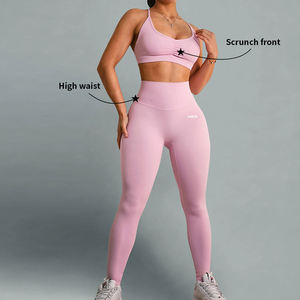 Wholesale Famous Brand Solid Eco-Friendly Quick Dry Yoga Pilates Stretch Seamless Ribbed 2-Piece Front Logo Women's Gym Wear Set - Product Image 2