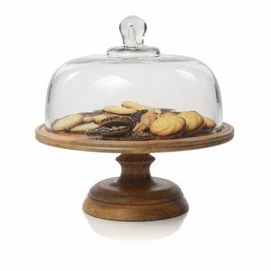 Acacia Wood Cake Stand with Glass Dome <b>Brown</b> Handcrafted Cake Display Stand Multipurpose Serving Platter with Glass - Product Image 2