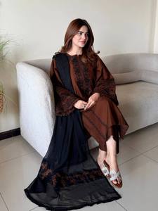 Brown Embroidered Woven Casual Floor-Length <b>Loose</b> Fit Long Sleeve <b>Dress</b> with Sheer Overlay Mandarin Collar Women Apparel - Product Image 1