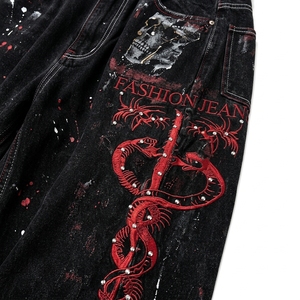 American-Style Men's Denim Pants Studded Diamonds High Street Print Tie Dye <b>Hip</b> Hop Winter Washed Distressed Loose-fitting Wide - Product Image 5