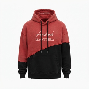 Custom <b>Red</b> Black Color Block <b>Hoodie</b> <b>Men</b> Oversized Streetwear Pullover Sweatshirt Distressed Vintage Washed Casual Fleece - Product Image 3