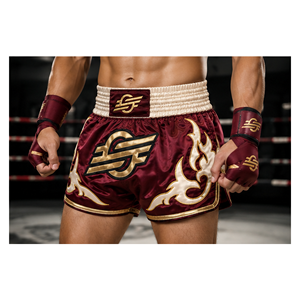 Shorts de boxe unisexes pour adultes, couleur bordeaux, design flamme dorée, coupe classique, légers, durables, coupe-vent, séchage rapide, vêtements de sport de combat - Product Image 6