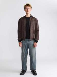 แจ็คเก็ตบอมเบอร์หนังแท้สีน้ำตาล 100% พร้อมผ้าแคนวาสและโลโก้ด้านหน้าสำหรับผู้ชาย ฤดูหนาว อุ่นสบาย คุณภาพดี - Product Image 6