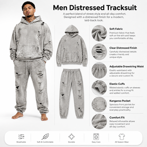 Chándal para hombre con efecto desgastado, tela suave, detalles de borde sin rematar y comodidad relajada para un estilo urbano moderno y uso diario. - Product Image 6