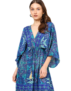 Vestido de mujer de poliéster con estampado floral, azul, con mangas acampanadas, cuello en V, informal, cómodo para el verano, estilo occidental con volantes. - Product Image 5