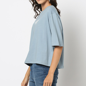 Camiseta Corta Personalizada para Mujer, Hombros Caídos, Diseño Gráfico Negro, Algodón Grueso, Corte Holgado - Product Image 1