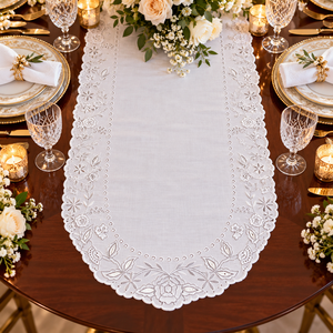 Elegante Camino de Mesa de Algodón Blanco con Bordado Floral, Borde Festoneado, Estilo Vintage, Lavable, Decoración para el Hogar y Cenas Elegantes - Product Image 1