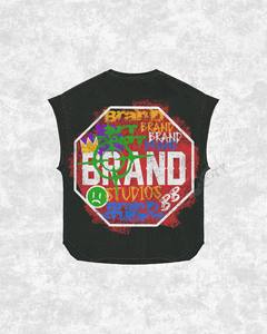 Camiseta sin mangas para hombre BRAND, negra, con cuello redondo, de algodón, con diseño de letras impresas, estilo casual, con logo frontal - Product Image 3