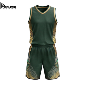 Conjunto de Camiseta y Pantalones Cortos de Baloncesto con Diseño Personalizado OEM, Adornos Decorativos y Estampado de Olas, Uniforme Deportivo Sublimado en Verde Bosque y Dorado - Product Image 1