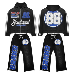 High Quality Custom Vintage Tracksuit Men <b>Women</b> Distressed Unisex Sweatsuit Men Acid Wash <b>Jogger</b> Flare Sweatpants and Hoodie <b>Set</b> - Product Image 1