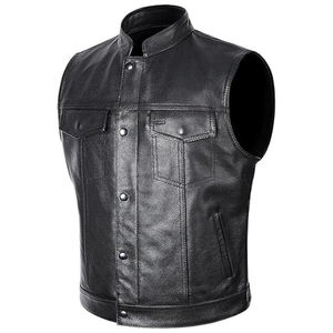 Chaleco de Cuero Genuino para Hombre, Cuello Alto, Cierre de Botones, Estilo Motero, Resistente al Viento, Ropa de Abrigo para Otoño - Product Image 2