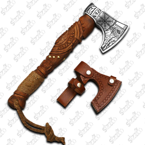 Hand Forged Viking Hammer Axe High Carbon Steel <b>Bearded</b> Tomahawk Vegvisir Hatchet Rose Wood Handle Leather Sheath Gift For Him - Product Image 2