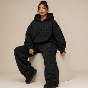 Ensemble deux pièces en molleton brossé double face avec taille élastique et épaules tombantes, logo imprimé en relief personnalisé, fabrication OEM - Product Image 4