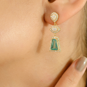 18K Gold Emerald and Diamond Geometric Drop <b>Earrings</b> - Product Image 1