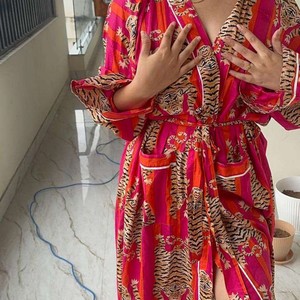Bata Kimono de Algodón con Estampado de Tigre para Mujer, Bata de Baño Roja Estilo Boho, Kimono Ligero de Verano, Túnica de Playa, Ropa de Estar por Casa - Product Image 2