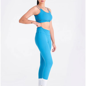 Women's <b>Blue</b> Yoga Set High Waist Leggings <b>Crop</b> <b>Top</b> 2 Piece Activewear Racerback Seamless Full Length Spandex Polyester - Product Image 3