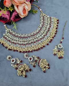 Heavy Ethnic CZ Studded Bridal Choker <b>Set</b> With Pearl Drop Accents Matching Earrings & Mangtika Antique Gold Plated <b>Jewellery</b> <b>Set</b> - Product Image 4