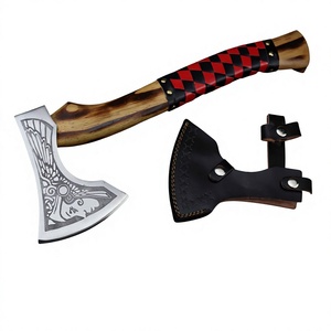 Custom Hand Forged Tomahawk <b>Axe</b> With Engraved Steel Blade Wood <b>Handle</b> Red Black Checkered Wrap Leather Sheath Survival Tool - Product Image 1