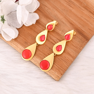 Natural <b>Red</b> Coral Brass Gold Plated Bezel Setting <b>Drop</b> <b>Earrings</b> Trendy Handmade Jewelry Shilpi Impex for Women - Product Image 4